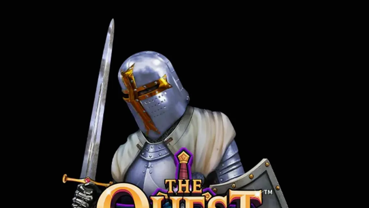 Giao diện trò chơi slot The Quest for Excalibucks với hình ảnh hiệp sĩ và thanh kiếm huyền thoại