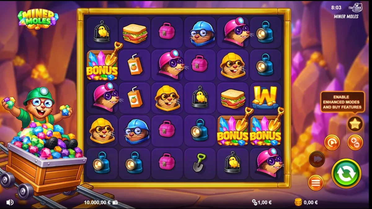 Giao diện trò chơi slot Miner Moles với các biểu tượng chuột chũi và đá quý