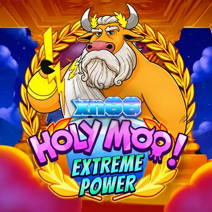 Giao diện trò chơi slot Holy Moo! Extreme Power với các biểu tượng thần thoại bò